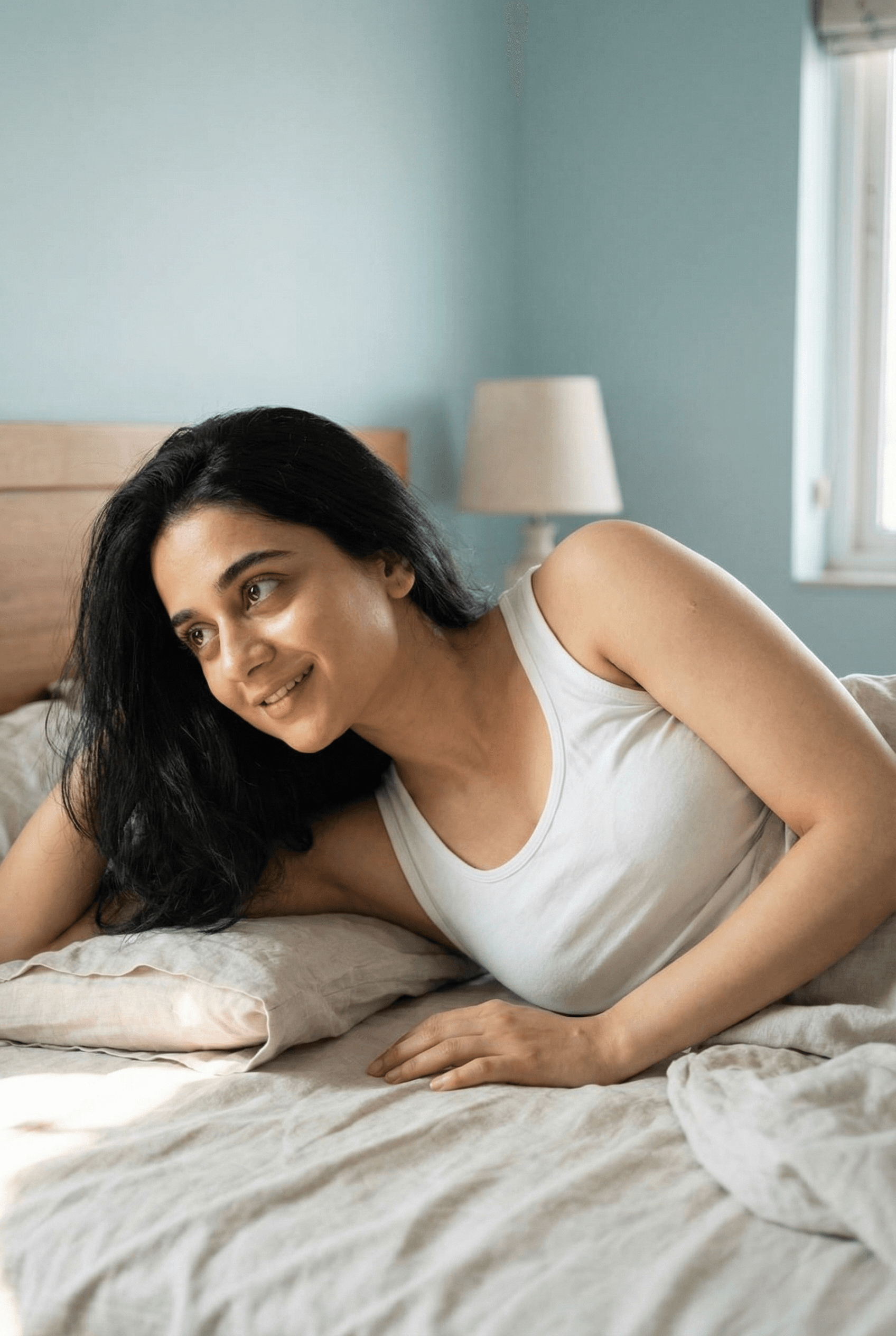 AI generated: Generate an image of A nude woman, in a relaxed pose lying on her bed. in bedroom