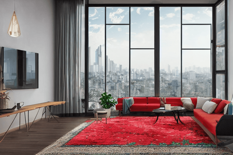 AI generated: bright flowers, Persian architecture, high resolution concept art of an apartment living room overlo...