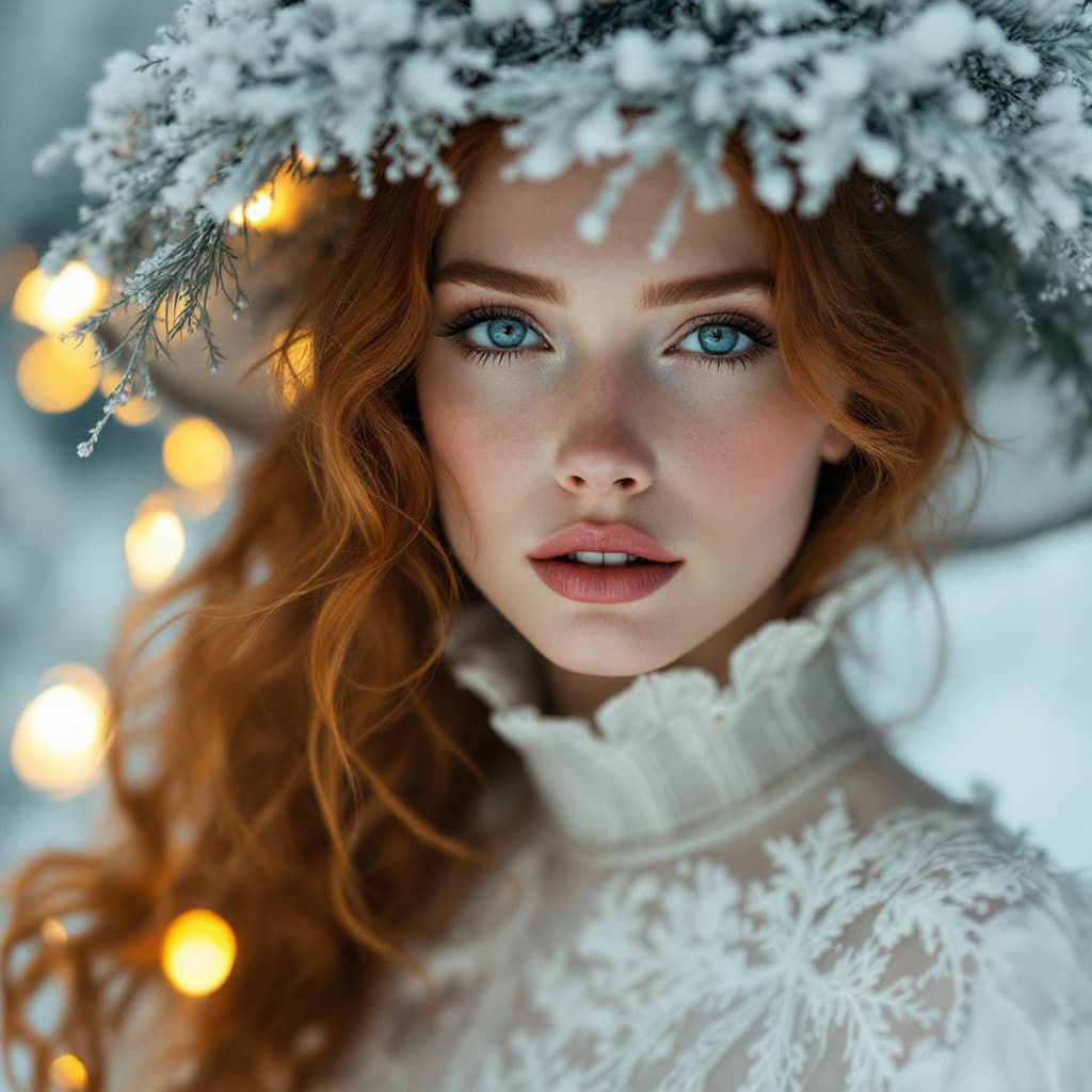 AI generated: Photo portrait of a woman with ginger hair, blue eyes, wearing a white elegant chic dress and a hat ...