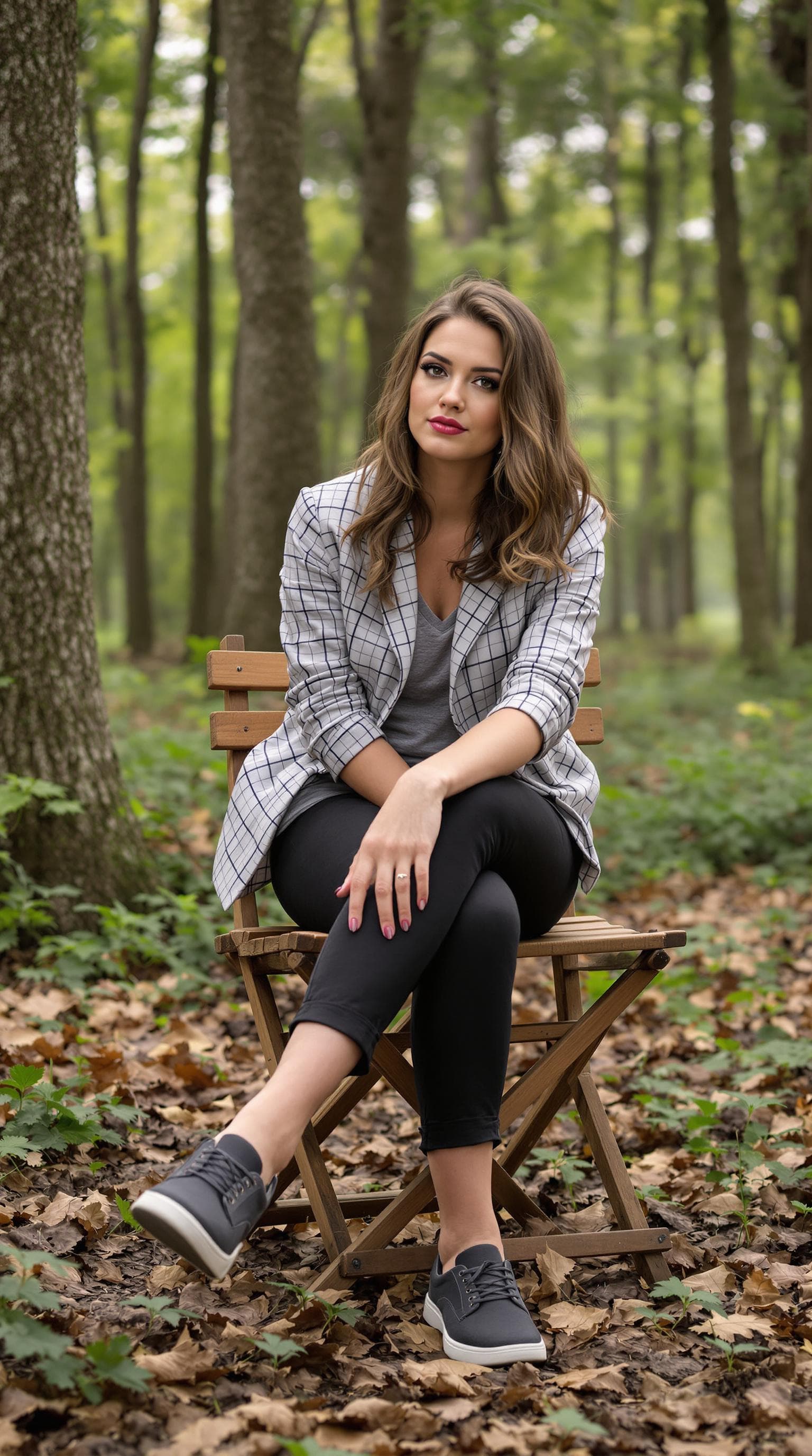 AI generated: portrait a handsome women Sitting in a wooden chair in forest . clothing a VILOCY woMen's Mesh Dress...