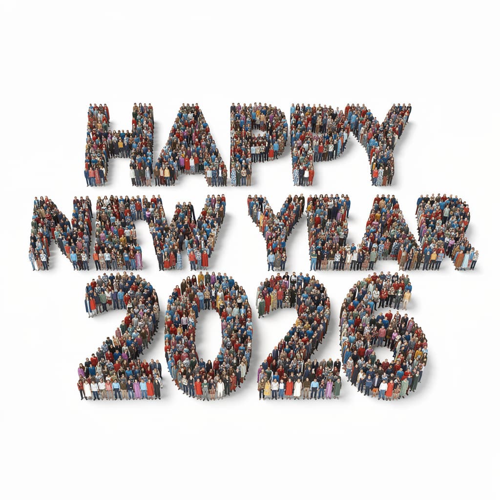 AI generated: photorealistic, high resolution rendering, people of lettering, "HAPPY NEW YEAR 2026", used color is...