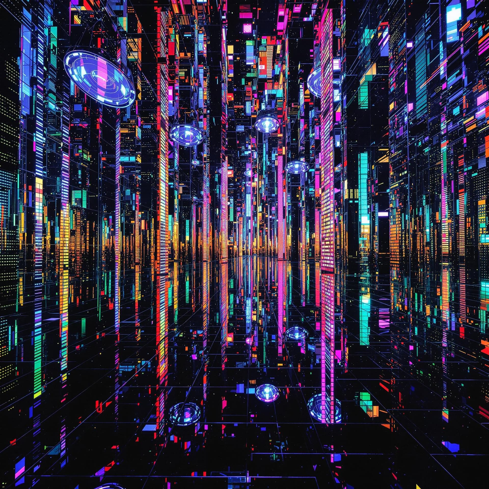 AI generated: surreal, reflective ancient, alien metropolis, colorful lights bounce off massive mirror facades, cr...