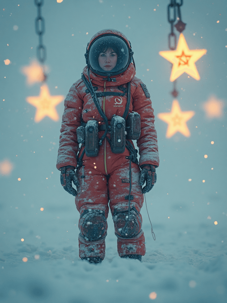 AI generated: (A hyper-realistic, masterpiece-level color photograph:1.3) of a woman in a Soviet-style retrofuturi...