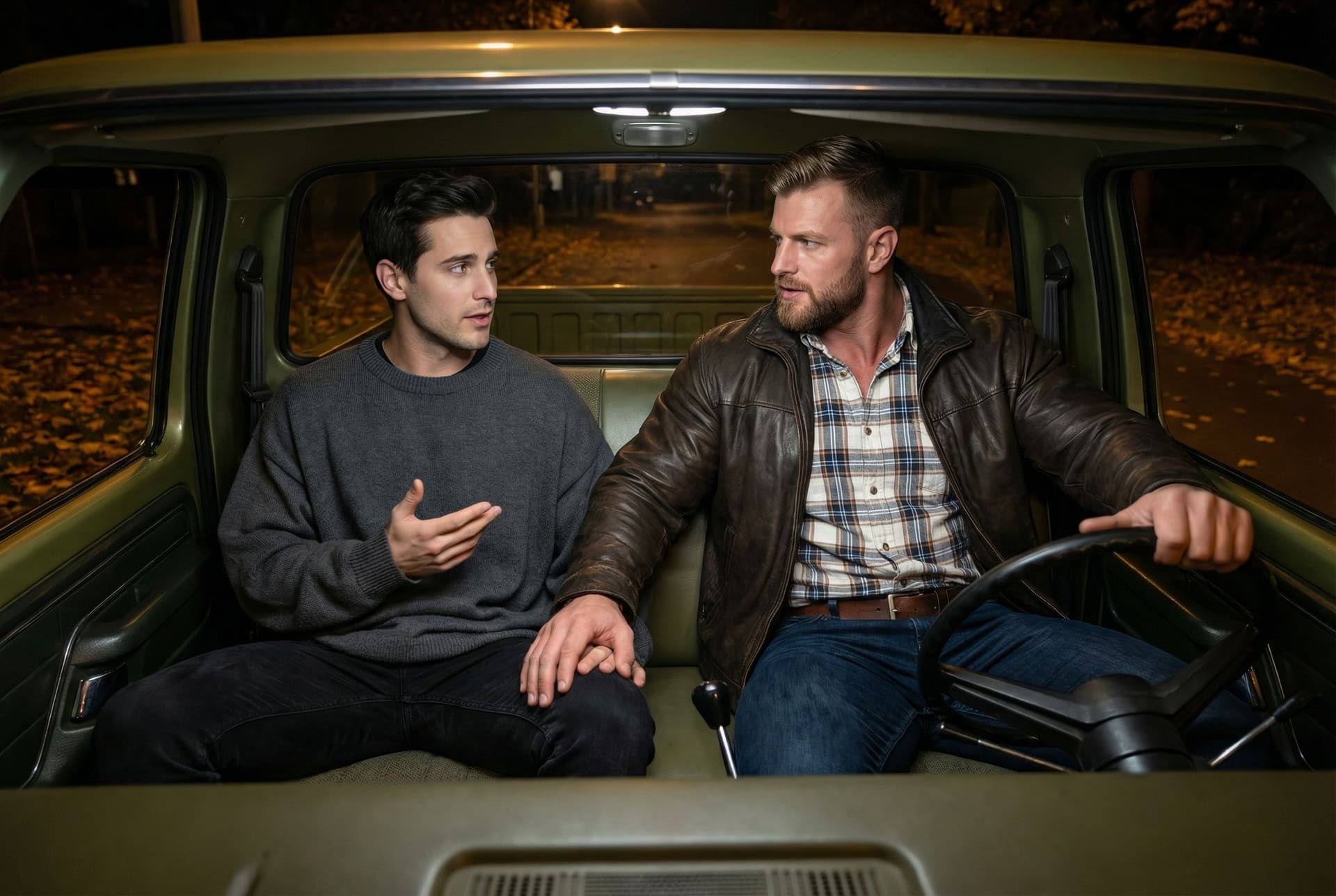 AI generated: In an Autumn night, the model is driving a Ford olive green pick up truck. 

He is driving the pick ...