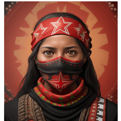 AI generated: High resolution photography Front view portrait of a EZLN Rebel in red balaclava and bandana with th...