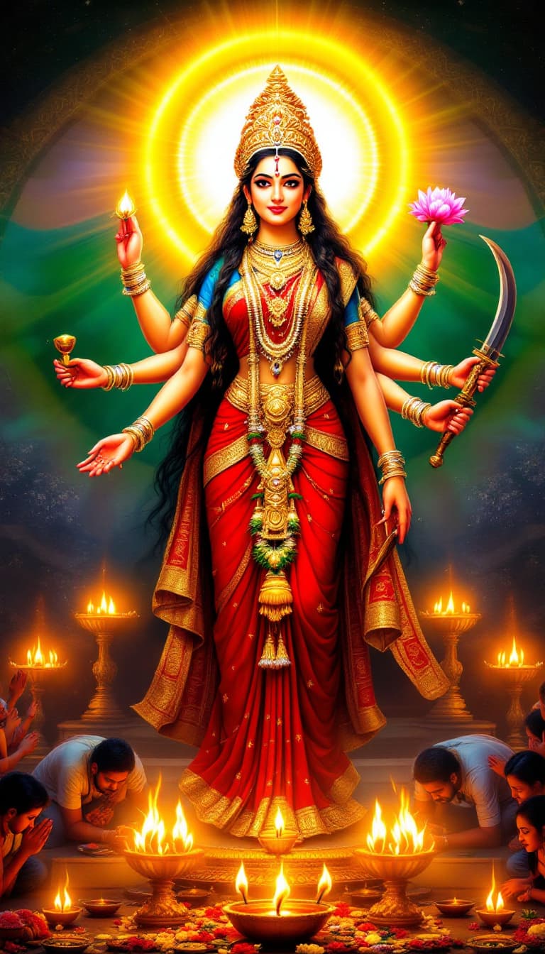AI generated: "Goddess Durga stands tall, her four hands holding a lotus, a sword, a conch, and one hand raised in...