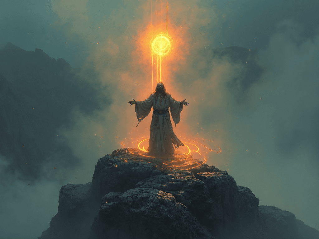 AI generated: An abstract, surreal painting of a druid standing on the edge of a jagged mountain peak, his figure ...