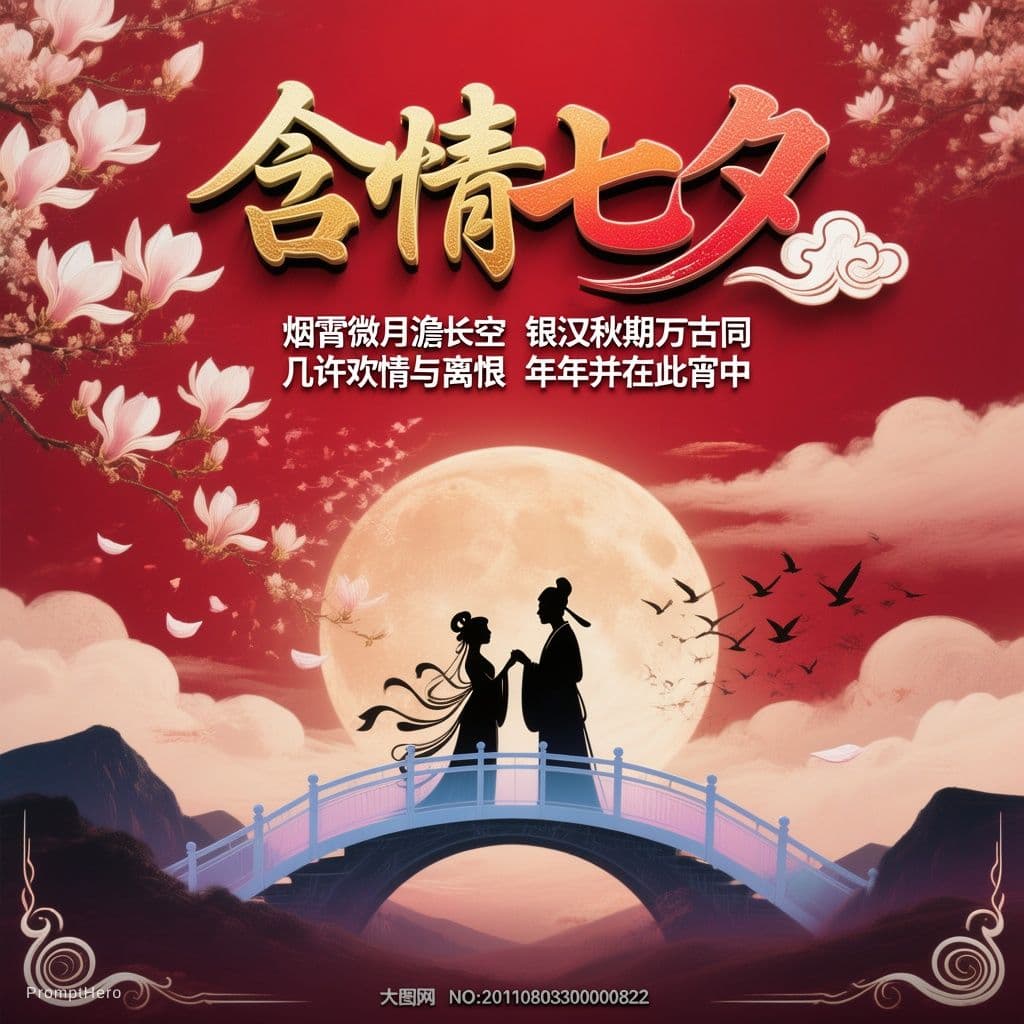 AI generated: A vertical traditional Chinese Qixi Festival poster graphic design dominated by a saturated crimson ...