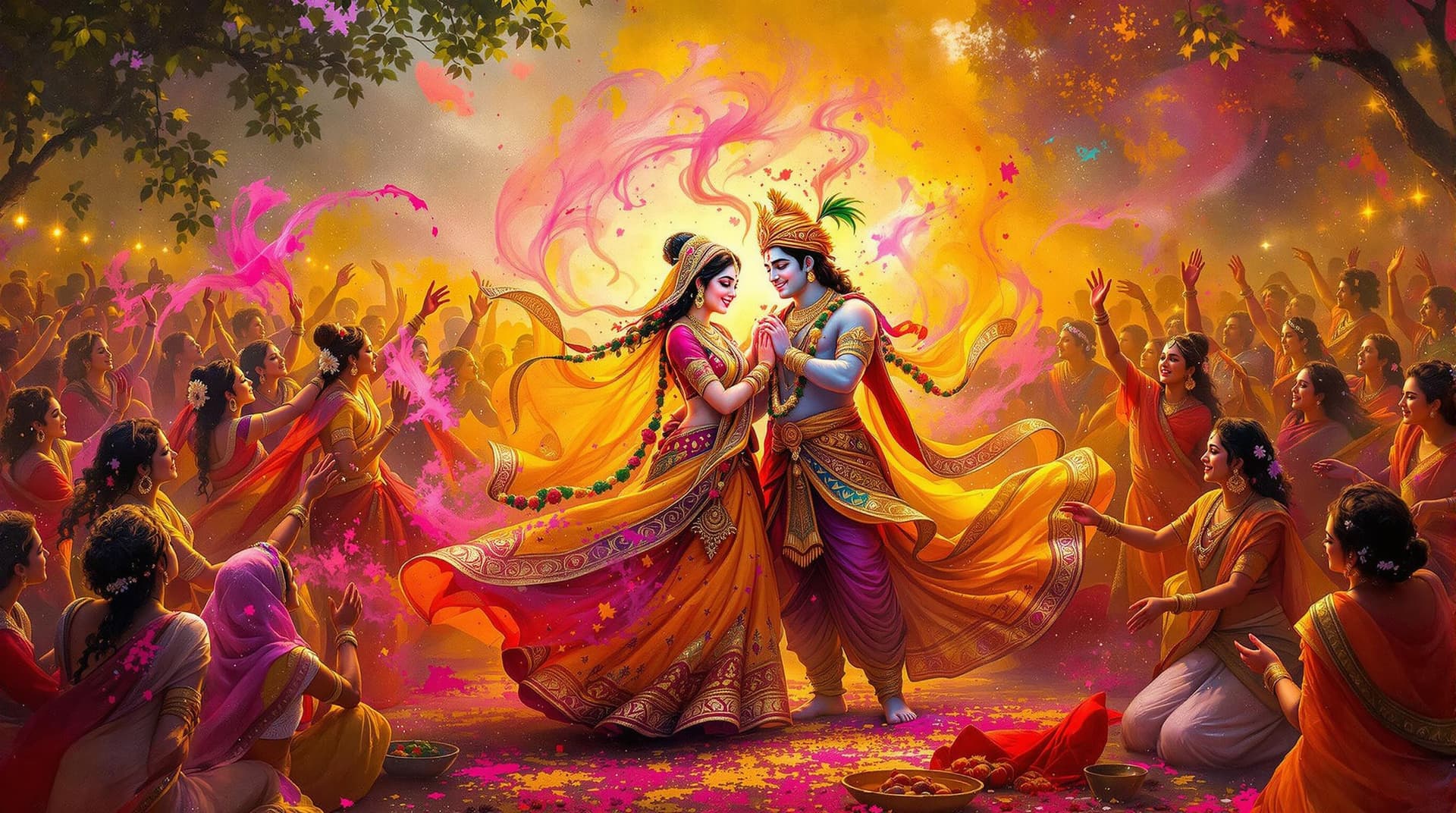 AI generated: "An enchanting scene of Radha and Krishna in the center, Radha adorned in a vibrant lehenga with a g...