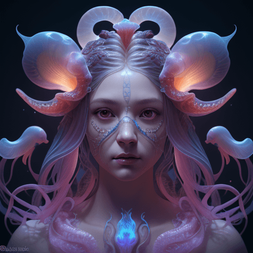 AI generated: Goddess close-up portrait ribcagel. jellyfish phoenix head, nautilus, orchid, skull, betta fish, bio...