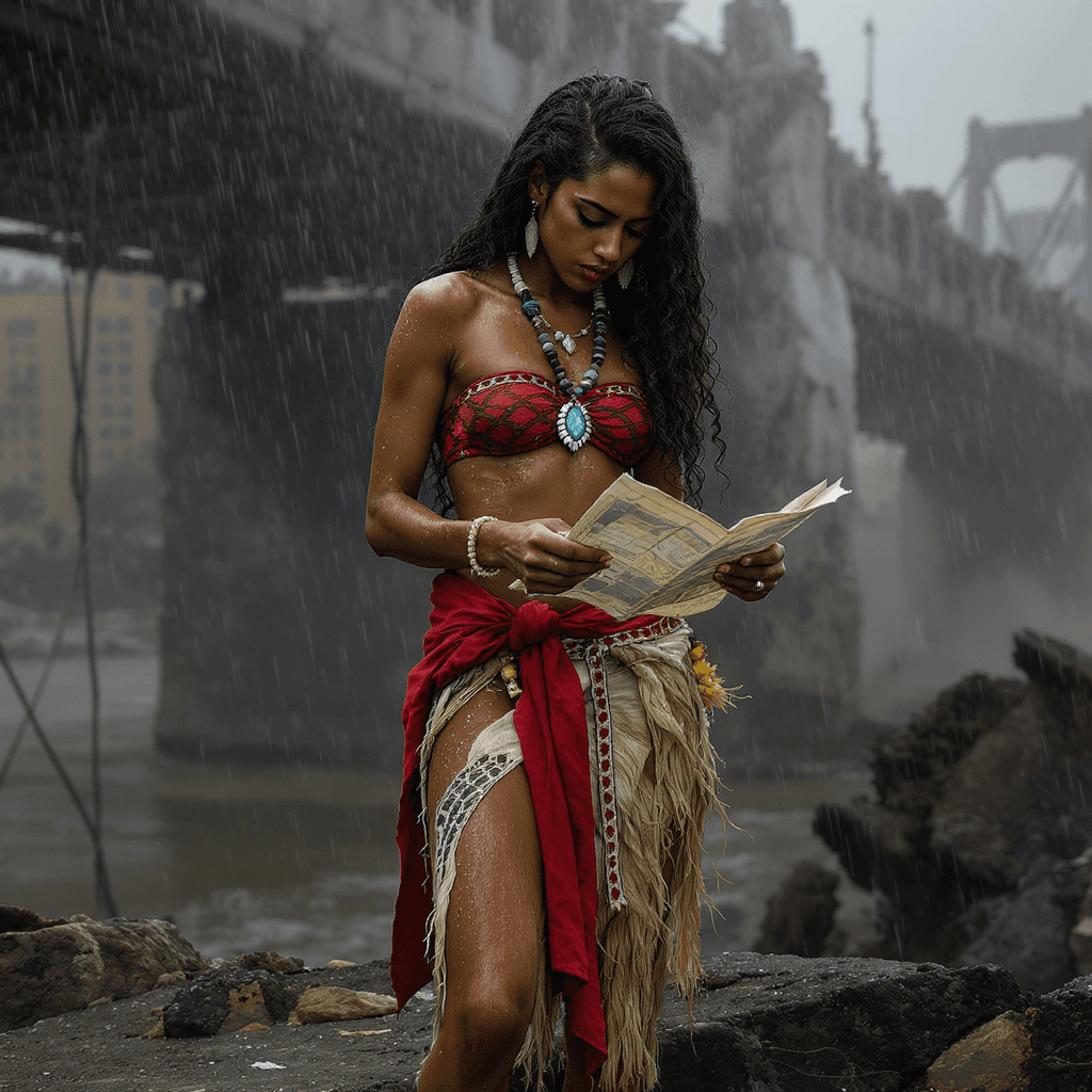 AI generated: Highly stylized fashion photo from Annie Leibovitz. The image is a thin Hawaiian woman with long, cu...