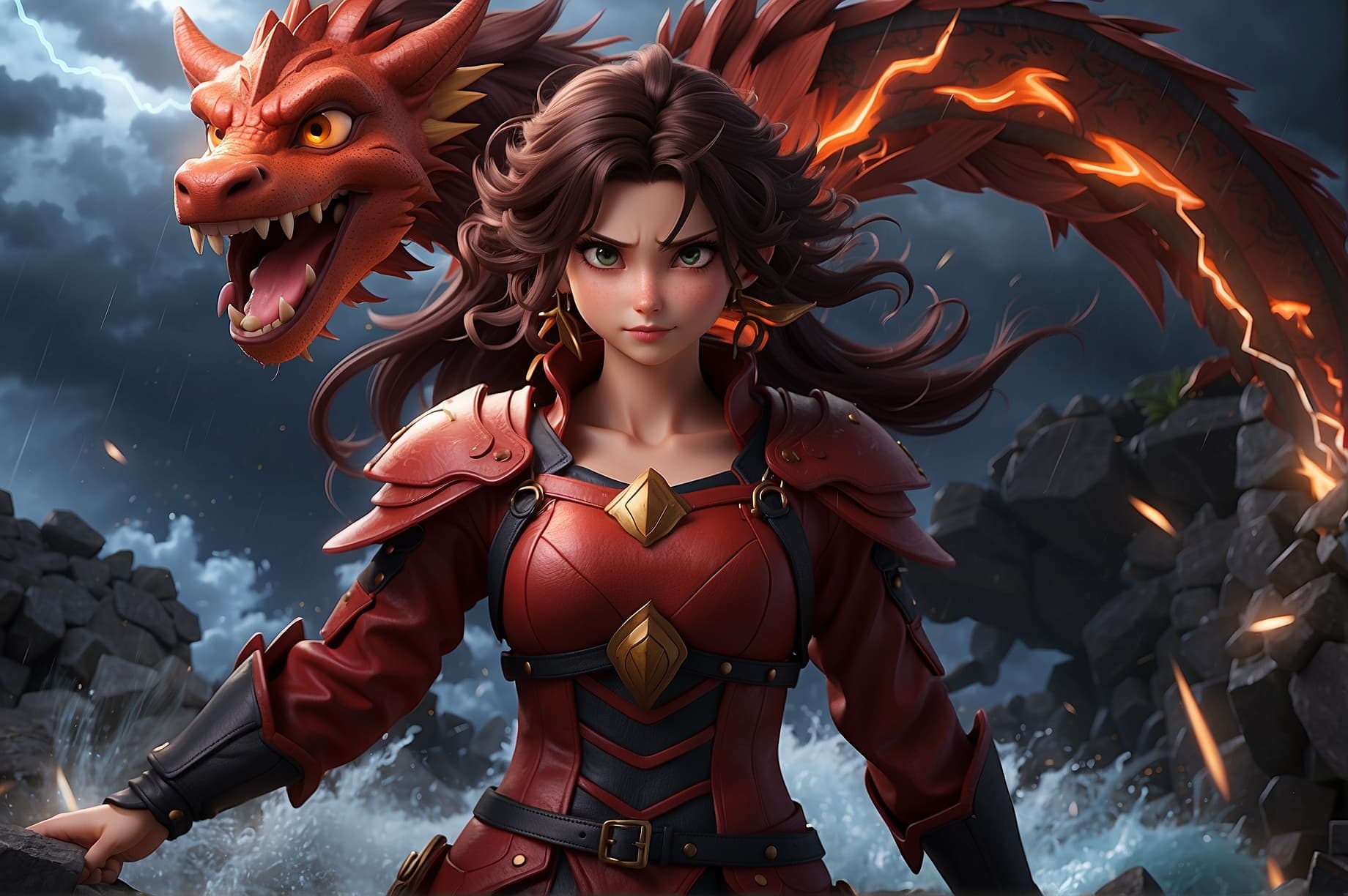 AI generated: An anime fierce female character, fierce red dragon-inspired clothing, dynamic battle pose, Lexeme-T...