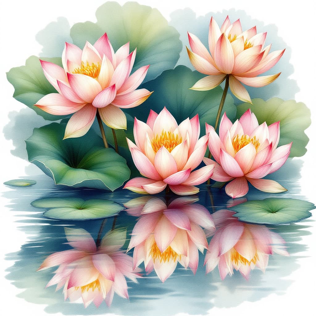 AI generated: Create a series of visually stunning watercolor illustrations of beautiful lotus flowers.Emphasize t...
