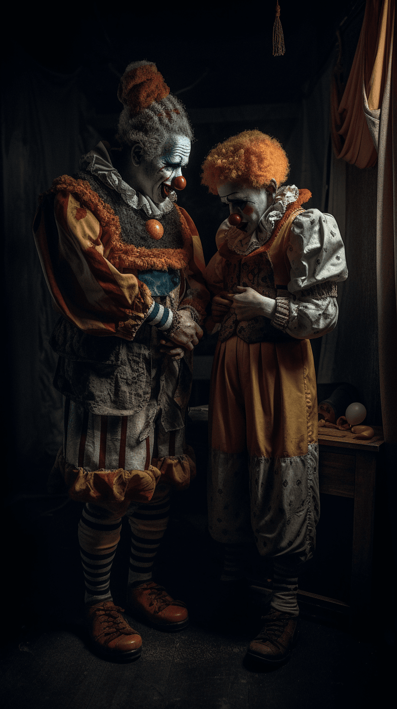 AI generated: Dialogue between a two scary clowns, full body, mystical atmosphere, murder clowns, harlequins and s...