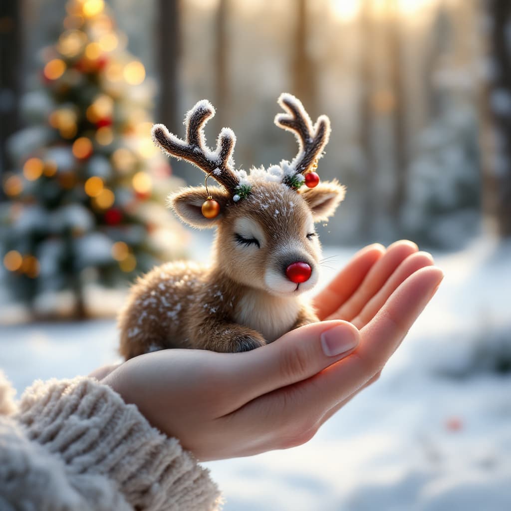 AI generated: A small reindeer with a shiny red nose sleeps, barely visible in the palm of your hand, with tiny ba...