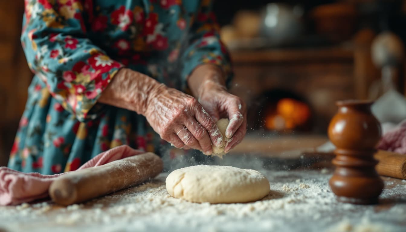 AI generated: Prompt: Close-up of a grandmother’s hands kneading dough for Gilani bread inside a wooden house, wea...