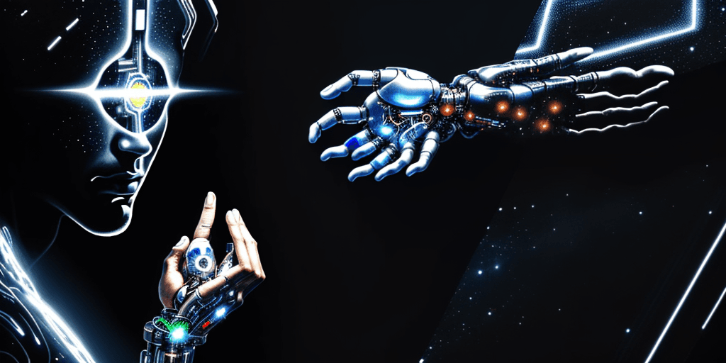 AI generated: Painting of Adam touching God's Hand, instead of Adam it is a cyborg with a dark cyberspace backgrou...