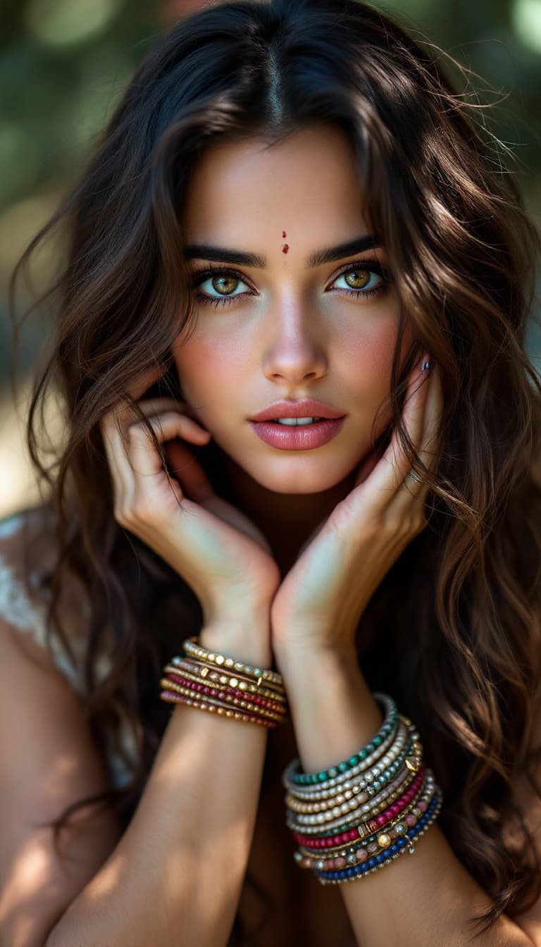 AI generated: Jennifer Connelly ,18-21 years old, brown hair, Indian hair style,trying to shy, inhaled chest,wide ...