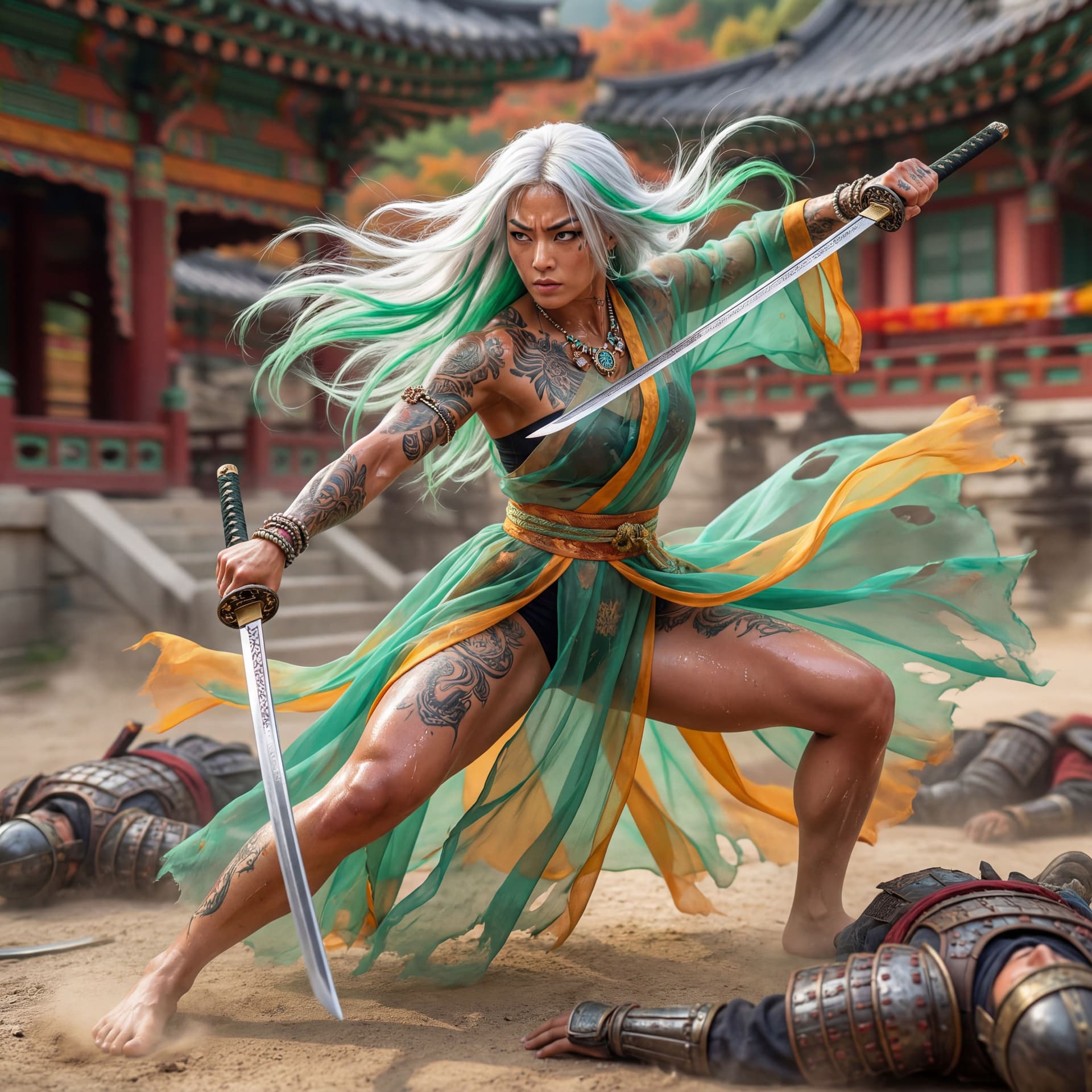 AI generated: A full-body pose, gorgeous, athletic and toned Japanese female with long, white mixed with bright ja...