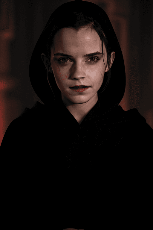 AI generated: rey skywalker with emma watson face as sith empress in black sith robe and black hood, loose hair, d...