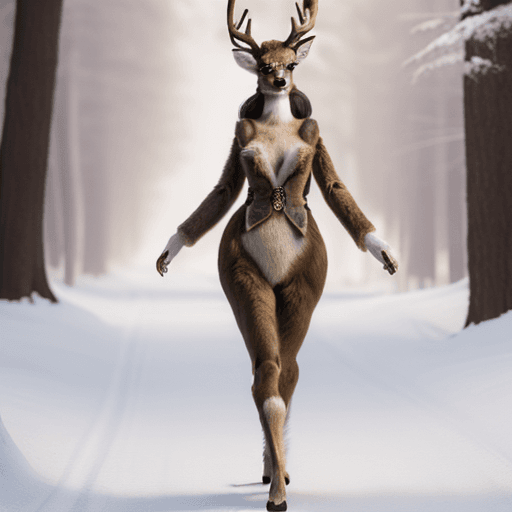 AI generated: anthropomorphic deer woman, flowing fur, bipedal, full body, fluffy deer tail, beautiful deer face, ...