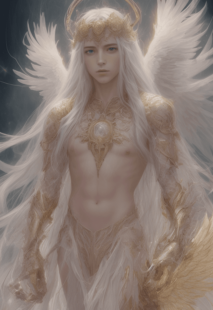 AI generated: A visual stunning photography of an angel boy wearing gold and silver crystal armor, with long hair,...