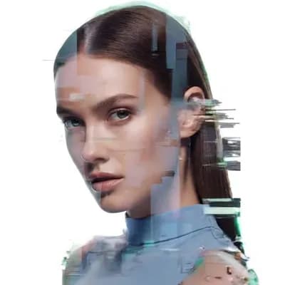 AI generated video: glitch art portrait, single woman with clearly defined edges, gaze, pure white background, clean min...