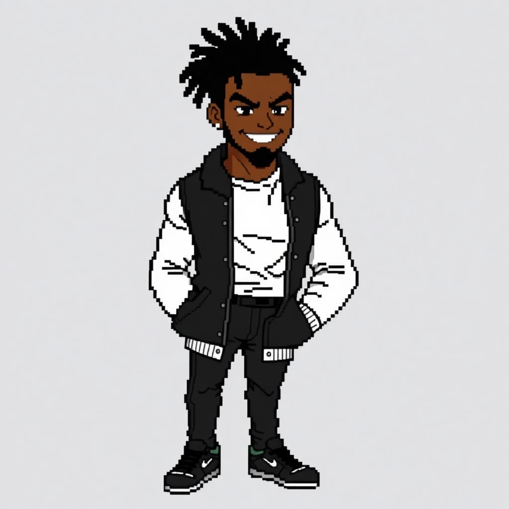 AI generated:  pixelated art style from the NES era, a black male with an Espresso skin tone, black locs, a full b...