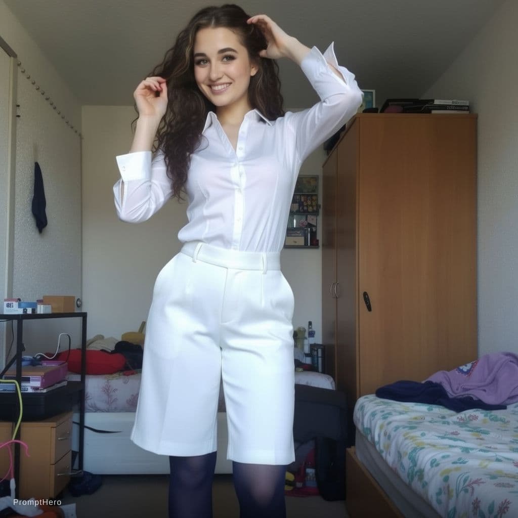 AI generated: Her shirt blows open, her natural breast show, she pushes back her hair and smiles