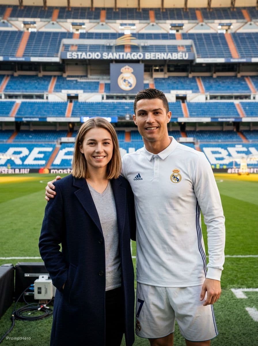 AI generated: Este chico y cristiano ronaldo en el bernabeu. Change that guy into a girl 
