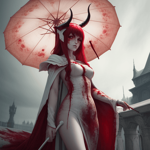 AI generated: <lora:Bloodess:strength>Bloodless, bloody gown, horns, holding parasol