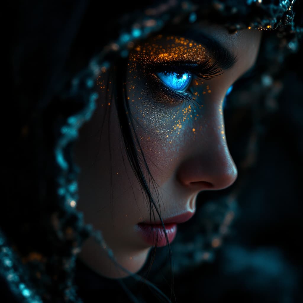 AI generated: Ultra style, close-up portrait photo of a female, mystical texture detail skin, serious eyes, 50mm f...