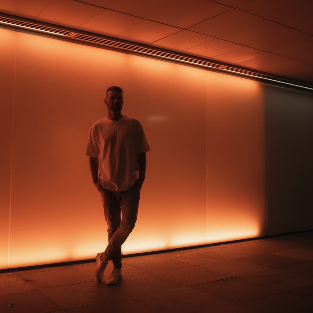 AI generated: editorial photography, male model, 50mm f/1.2 RF lens, f/2.8 set, 1/160s, iso 100, gradient neon ora...