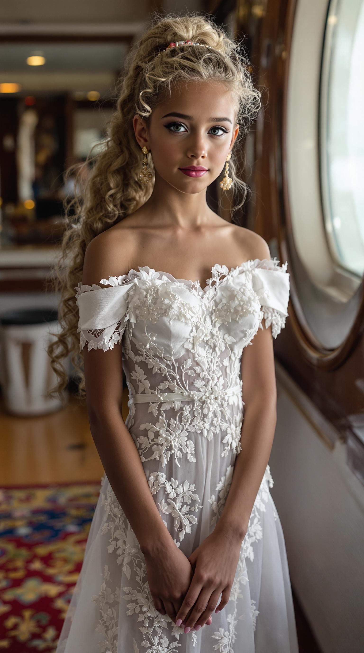 AI generated: a professional photo of a exceptionally beautiful girl aboard the Queen Mary (age 11), (eleven year ...