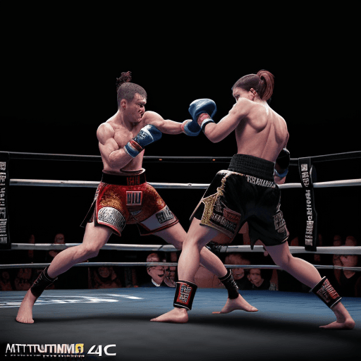 AI generated: ultra realistic photo of a kickboxing match, two fighters in the ring, mid distance photo, dark back...