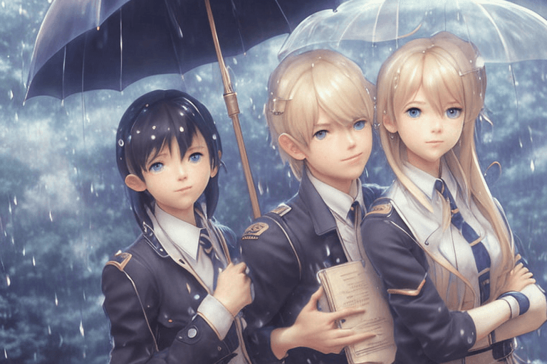 AI generated: couple of blonde girl in a college uniform and black haired boy with college uniform, under an umbre...
