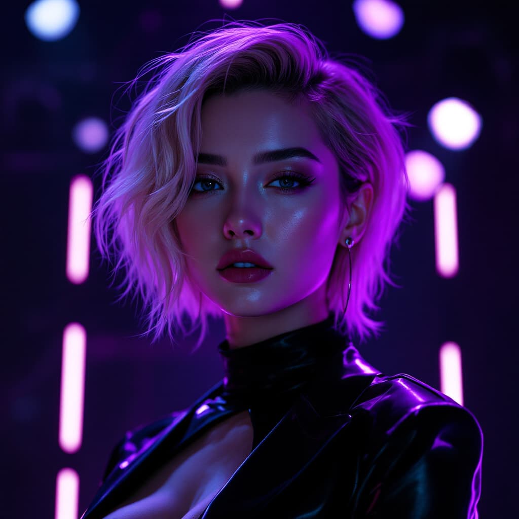 AI generated: A charismatic K-pop idol named Nana with short blonde hair, wearing a sleek black outfit with purple...