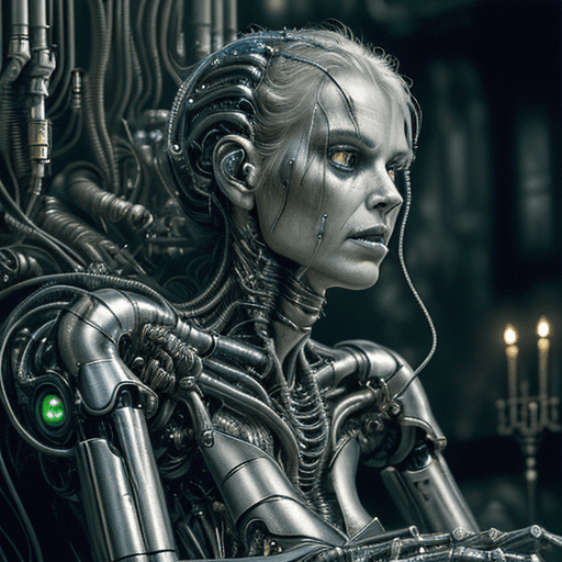 AI generated: Cinderella is a Cyborg in a creepy machine,cruely,cyborg with implants,cable and circuits,Created by...