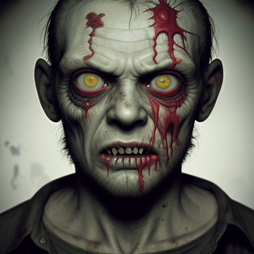 AI generated: cinematic still portrait, filmed by George A. Romero, no nose, hiper realistic deranged zombie zombi...
