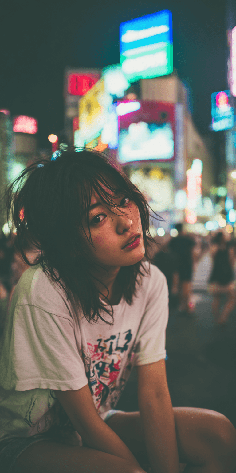 AI generated: Gen Z woman, Shibuya Scramble Crossing, shot on a Sony A7 III --chaos 75 --ar 1:2 --profile fkuo5yb ...