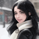 AI generated: very beautiful woman  hair is totally black when she does a good pose on a snowy street full of peop...