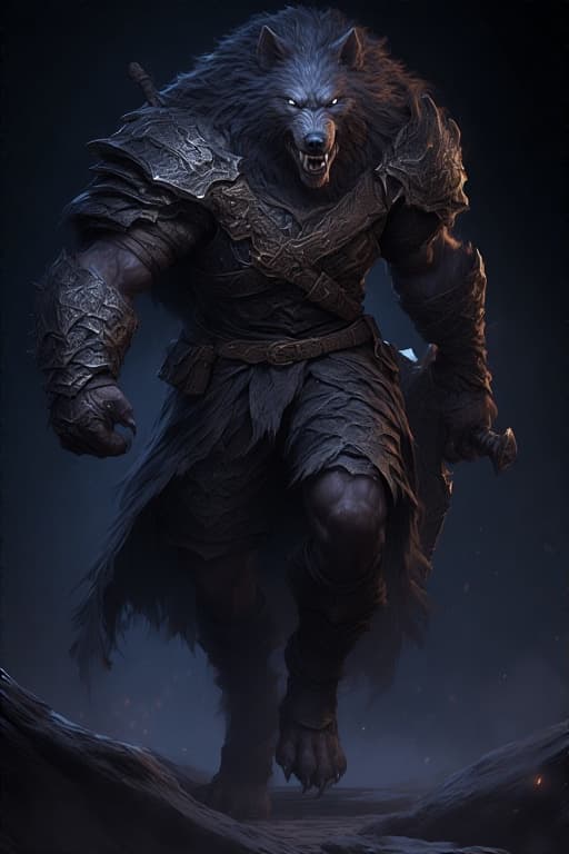 AI generated: full body shot, blaidd the wolfman from elden ring, wolfman , big sword, dark armor, intricate detai...