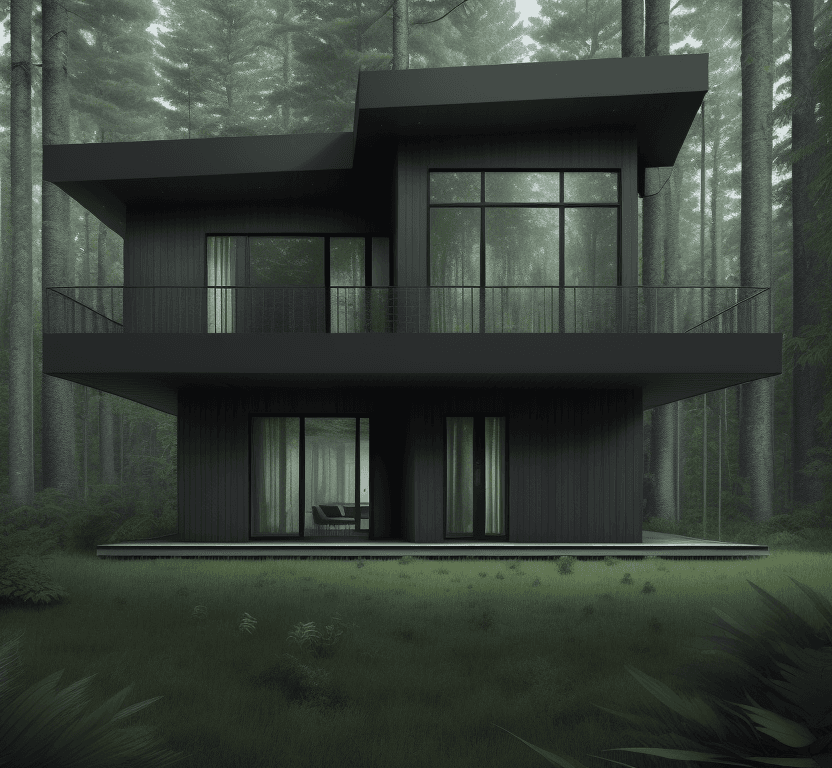 AI generated: render of a two-story house in the middle of the forest, super modern and minimalist house with dark...