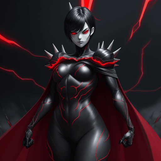 AI generated: Villain, Girl, Abs, Black Short Hair Mask, Cape, Red and Black Suit, Full Body, Stable Diffusion Ani...