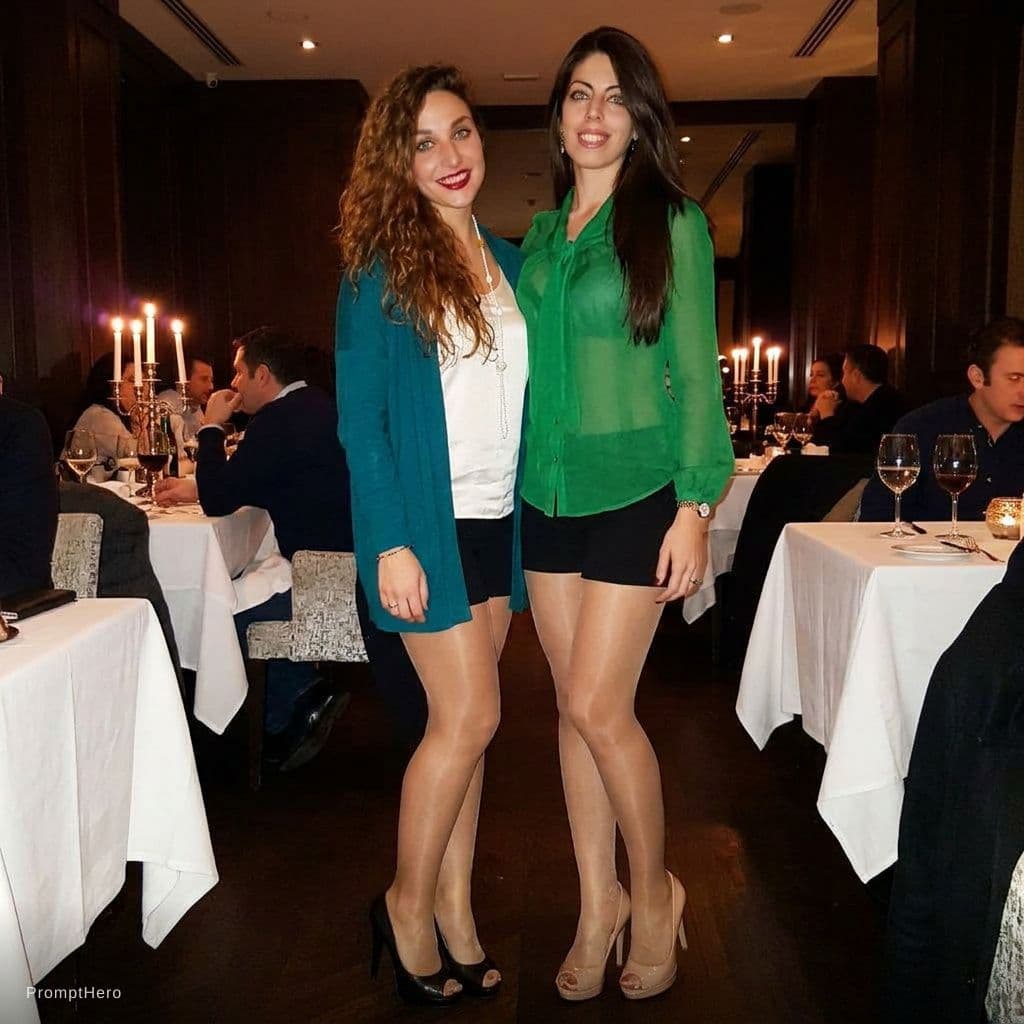 AI generated: Both are wering nylon stockings and shinny feet are visible