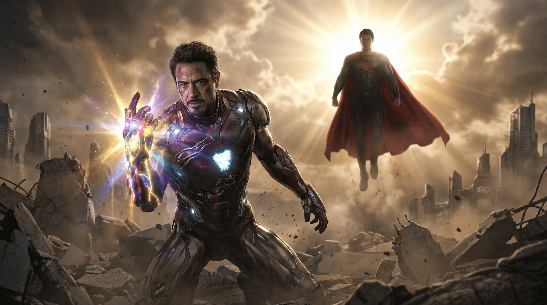 AI generated: Epic cinematic superhero scene.

A futuristic armored hero is sitting on shattered ground, one knee ...