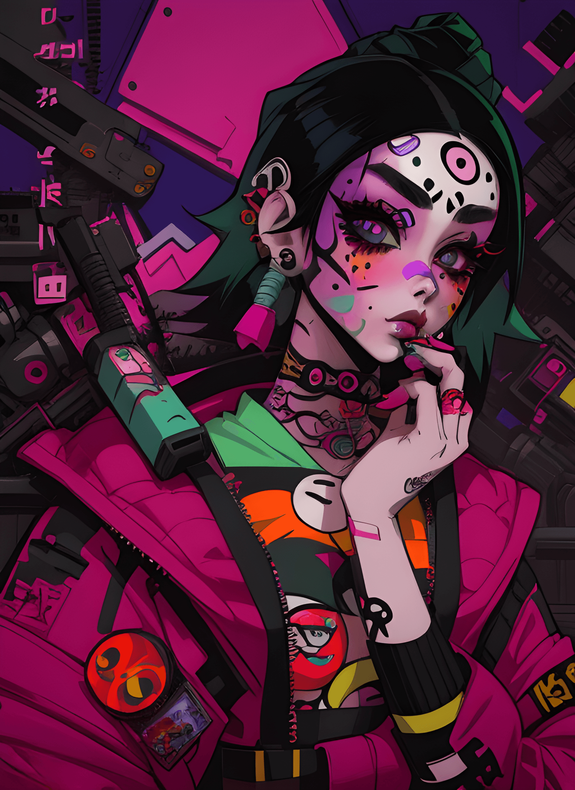 AI generated: a painting of a woman with tattoos on her face, cyberpunk art, inspired by Harumi Hironaka, trending...