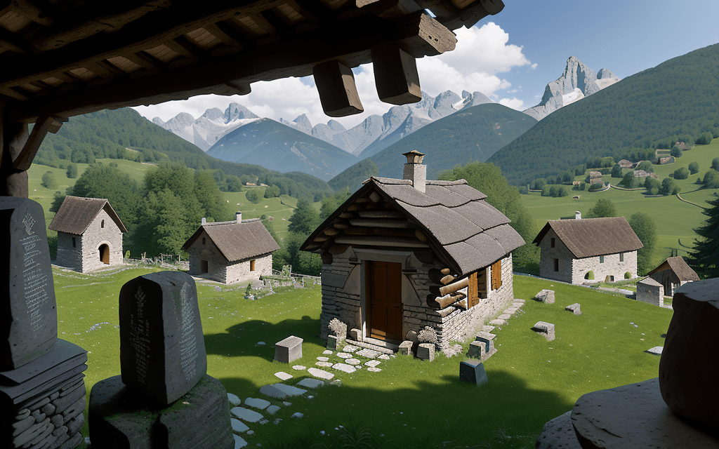 AI generated: Set in ancient Rome, a stone hut, without windows, with a wooden roof, with a door made of logs, in ...