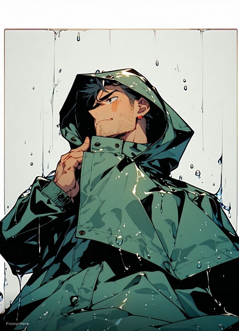 AI generated: absurdres, illustration, male, solo, adult, mature, handsome_male, toned, raincoat, blunt cut, sitti...