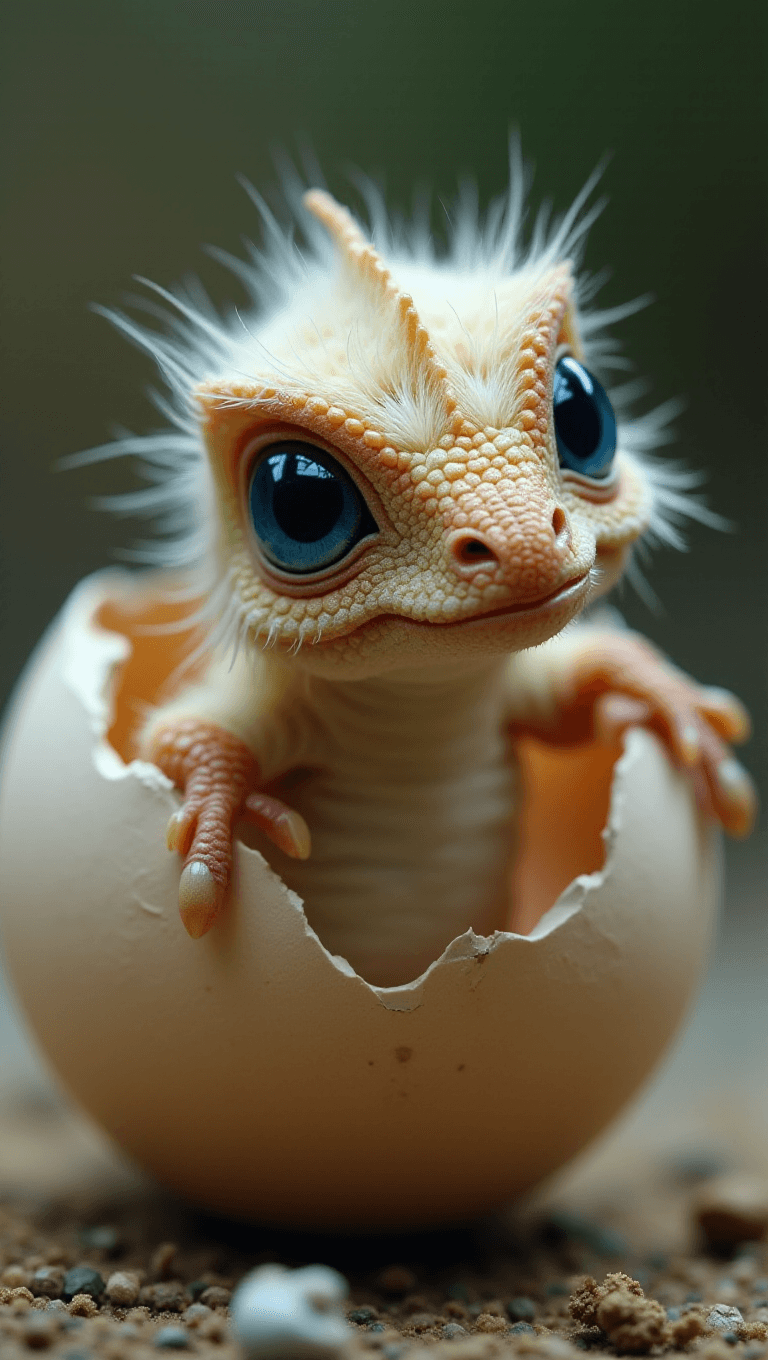 AI generated: (Photorealistic macro shot) of a (miniature newborn dinosaur) crawling out of a (broken eggshell). T...